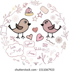 Set of wedding illustrations, icons, cute and romantic style. Hand drawn vector collection of design elements for invitations, cards, posters.
