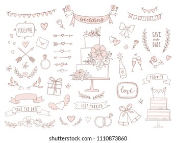 Set of wedding illustrations and icons. Hand drawn vector collection of design elements for for invitations, greeting cards, posters.