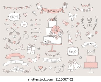 Set of wedding illustrations and icons. Hand drawn vector collection of design elements for for invitations, greeting cards, posters.