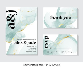 Set of wedding ink liquid card with typography. Wedding invitation concept. Tender mint gold poster, invite. Vector decorative greeting card or invitation design background - Vector.