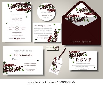 Set of wedding invitation card with berry and leaf decoration on baige background.This high-quality design is easy to customize to match your wedding colors, styles and theme.