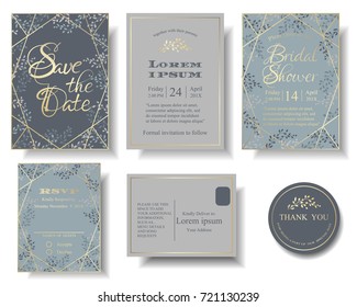 Set of Wedding Invitation Card . Blue and Gray Color Tone. Many Leaves round of frame has blank space for your text. RSVP Card for Response. Envelope for this theme.Stickers.Tags.Vector/Illustration