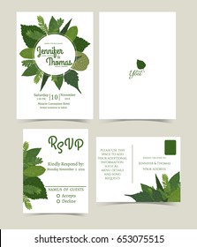 Set of wedding invitation card  composed of a variety of leaves round in a circle. You can change the text. Both front and back. RSVP Card set .Vector/Illustration