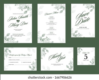 Set of Wedding Invitation Card Decorated with Green Leaves, Buds and Information.