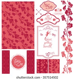 Set of Wedding invitation card with floral elements, frames and borders, flowers, vignette, calligraphic handwritten text, angel, holiday pink background.
