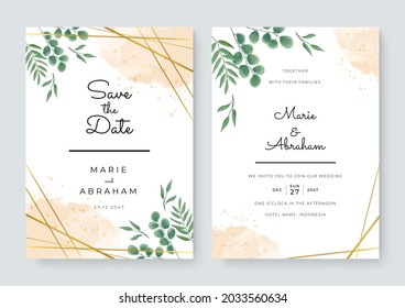 Set of wedding invitation card with flower and leaves. Green blue yellow gold minimalist simple wedding floral watercolour.	
