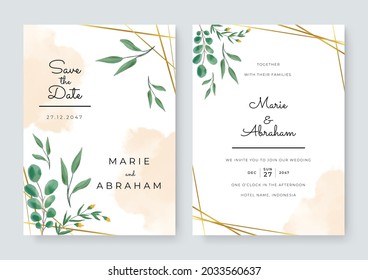 Set of wedding invitation card with flower and leaves. Green blue yellow gold minimalist simple wedding floral watercolour.	
