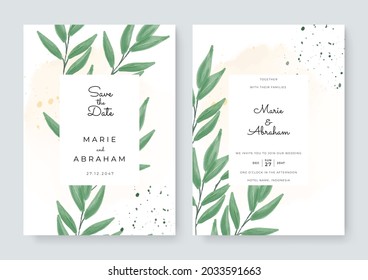 Set of wedding invitation card with flower and leaves. Green yellow gold minimalist simple wedding floral watercolor. Can be adapt for greeting card, fashion ads, beautiful banner and more