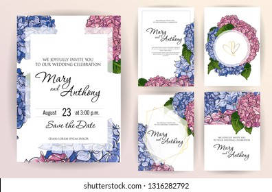 Set of wedding invitation card flowers hydrangea. A5 wedding invitation design template on white background. vector Hand drawn colorful marker illustration.Doodle sketch line on white background frame