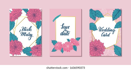 set of Wedding invitation card with gold geometric polygonal lines, outline pink chrysanthemum. design greeting card of wedding, birthday, Valentine Day, mother day, anniversary holiday