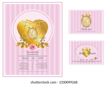 Set of wedding invitation card with golden diamond and roses on pink strip 