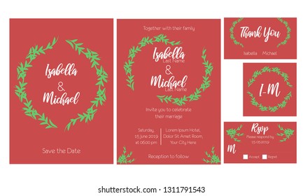 Set of wedding invitation card with greenery flat decoration. Leaf circle frame and border for RSVP and thank you card. Simple red and green color.