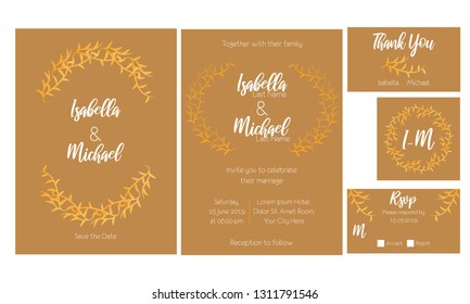 Set of wedding invitation card with greenery flat decoration. Leaf circle frame and border for RSVP and thank you card. Elegant gold and brown color.