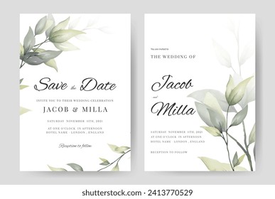 Set of wedding invitation card greenery leaves watercolor branch vector template.