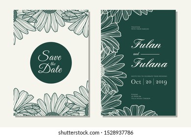 set wedding invitation card with hand drawn doodle floral daisy flower outline monochrome style vintage retro traditional background template cover mock up beauty elegant vector illustration
