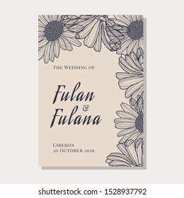 set wedding invitation card with hand drawn doodle floral daisy flower outline monochrome style vintage retro traditional background template cover mock up beauty elegant vector illustration