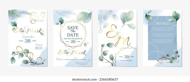 Set of wedding invitation card. Minimalistic elegant templates with watercolor green leaves and golden text. Two sides of wedding invitation with organic decor. Cartoon flat vector collection