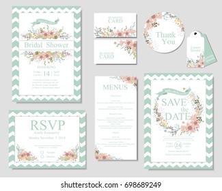 Set of wedding invitation card .Mint and pink color. spring concept.can be used thank you card,Baby  shower ,Birthday party Etc. Vector/Illustration