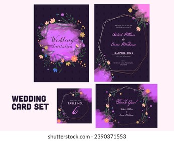 Set of Wedding Invitation Card with Purple Watercolor Effect and Decorative Floral.