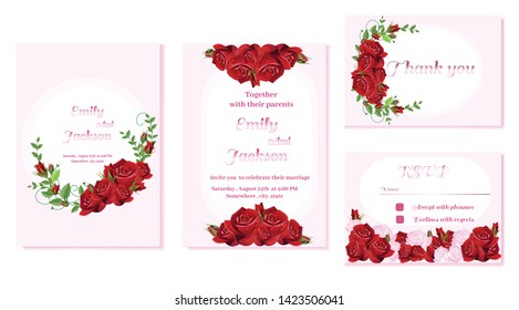 set of wedding invitation card, red rose and floral concept. Elegant classic shape Border in sweet pink background