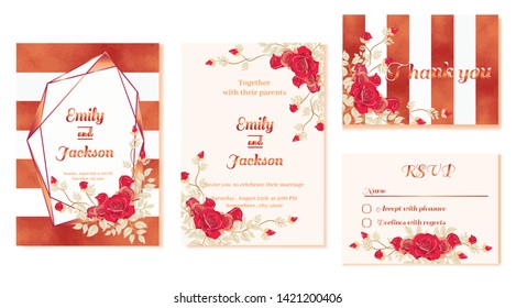 set of wedding invitation card, rose with line and floral. Elegant geometric shape Border in rose and gold color  background