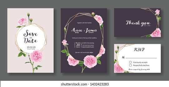 Set of Wedding Invitation card, save the date, thank you, rsvp template. Vector. Pink rose flower.