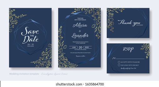 Set of wedding Invitation card, save the date, thank you, rsvp template. Vector. Golden silver dollar, eucalyptus leaves and flower.