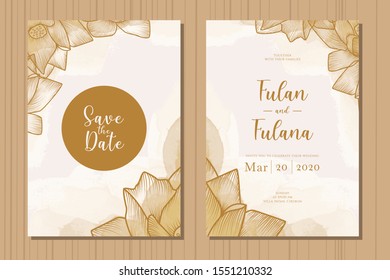 set wedding invitation card with sketch doodle hand drawn lotus flower floral outline pastel monochrome watercolor background ornament decoration vintage rustic vector illustration