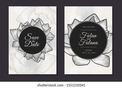 set wedding invitation card with sketch doodle hand drawn lotus flower floral outline pastel monochrome watercolor background ornament decoration vintage rustic vector illustration