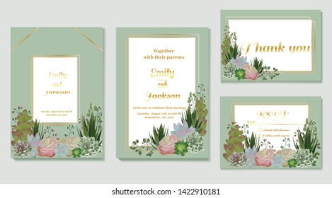 set of wedding invitation card, small cactus  and floral concept. Elegant classic shape Border in green background