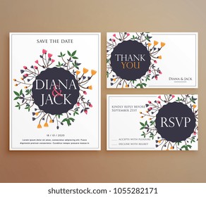 set of wedding invitation card suite with flower decoration
