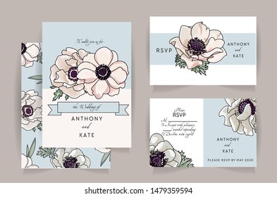 Set of wedding invitation card suite with anemone flower. Wedding invite, rsvp, save the date card design with elegant tenter pink anemone pattern. Vector template hand drawn illustration