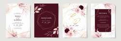 Set Of Wedding Invitation Card Template With Pink And Burgundy Floral And Leaves Decoration