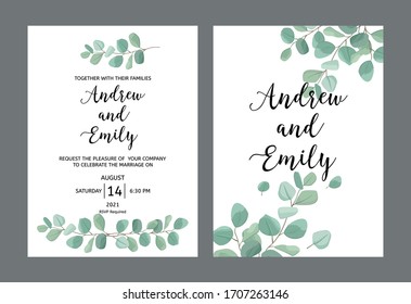 Set of wedding invitation card template. Green leaves of Silver Dollar Eucalyptus branches frame