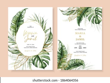 Set wedding invitation card template design with tropical leaves decoration