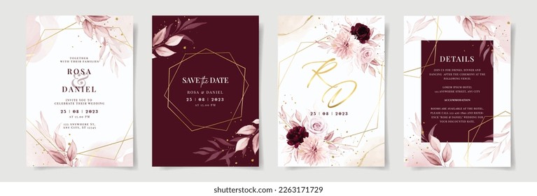 Set of wedding invitation card template with pink and burgundy floral and leaves decoration