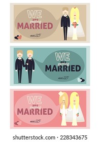 Set of wedding invitation card template. Vintage vector flat design style. Traditional and homosexual marriage