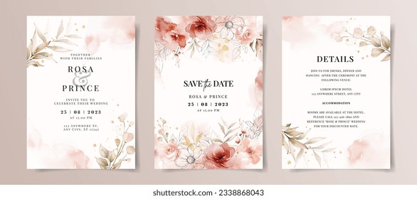 Set of wedding invitation card template with red and peach floral and leaves decoration