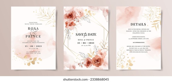 Set of wedding invitation card template with red and peach floral and leaves decoration