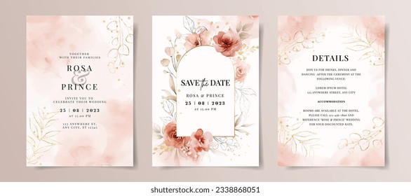 Set of wedding invitation card template with red and peach floral and leaves decoration