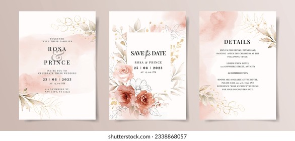 Set of wedding invitation card template with red and peach floral and leaves decoration