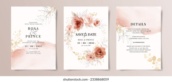 Set of wedding invitation card template with red and peach floral and leaves decoration