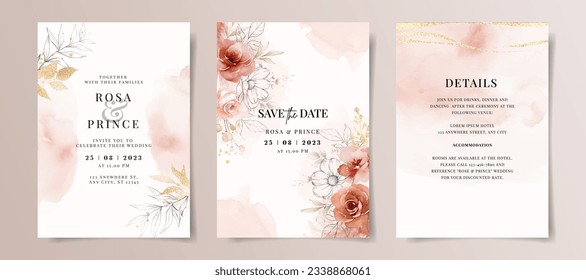 Set of wedding invitation card template with red and peach floral and leaves decoration