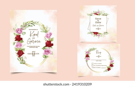 Set of wedding invitation card template with pink and burgundy floral and leaves decoration