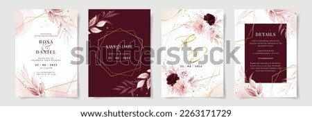 Set of wedding invitation card template with pink and burgundy floral and leaves decoration Сток-фото © 
