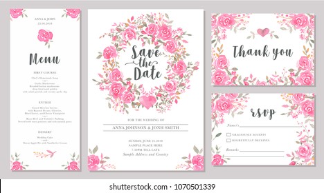 Set of wedding invitation card templates with watercolor rose flowers. Elegant romantic layout with pink roses and message for wedding greeting, Save the date cards, rsvp, menu, thank you