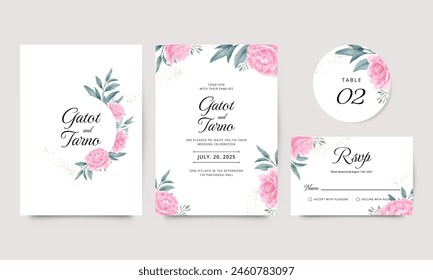a set of wedding invitation card templates with watercolor decoration of beautiful roses and green leaves