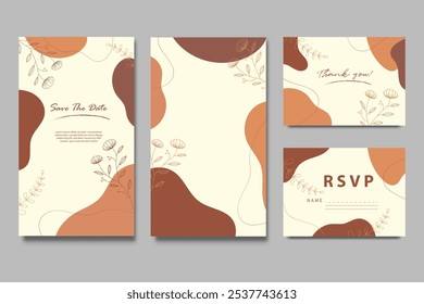 Conjunto de Plantillas de tarjeta de invitación de boda colección de diseño minimalista. forma de blop de invitación moderna con diseño botánico