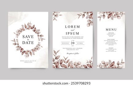 Set von Hochzeit Einladung Kartenvorlagen mit braunen Blättern Dekoration für speichern Sie das Datum, Cover-Design, Gruß