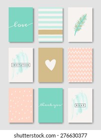 A Set Of Wedding Invitation Card Templates. Pastel Pink, Turquoise Green, Golden, Teal And White Color Palette. EPS 10 File, Gradient Mesh Used.